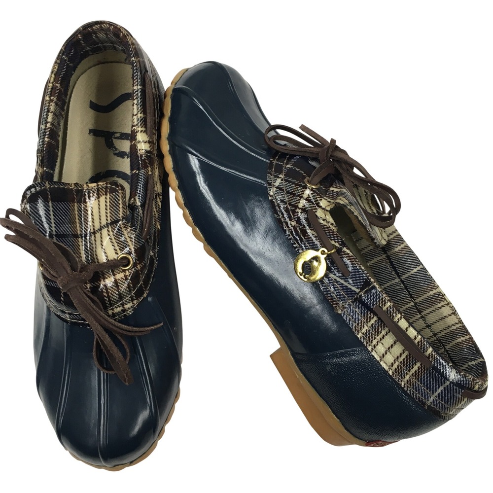 Sporto Plaid Waterproof Duck Shoes 7 Navy Blue Preppy Rain Outdoor Classic